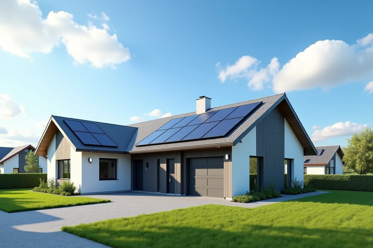 Maison moderne avec panneaux solaires sur le toit exposés au soleil