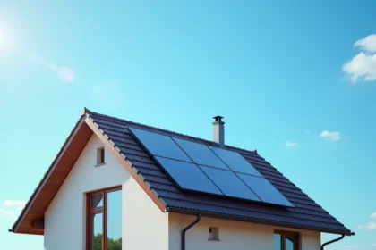Panneaux solaires photovoltaïques installés sur le toit d'une maison moderne résidentielle par beau temps
