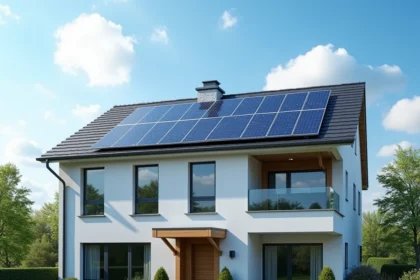 Maison moderne avec panneaux solaires sur le toit exposés au soleil