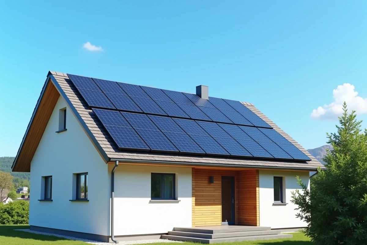 Maison moderne avec panneaux solaires installés sur le toit en plein jour