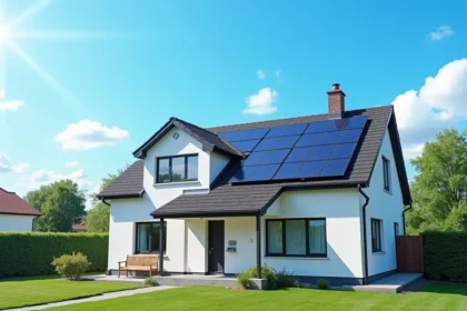 Maison moderne avec panneaux solaires sur le toit par une journée ensoleillée