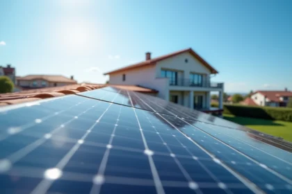 Panneaux solaires photovoltaïques installés sur le toit d'une maison moderne sous un ciel ensoleillé