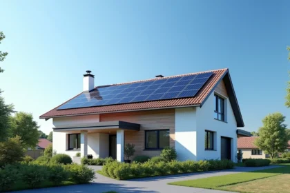 Maison résidentielle moderne avec panneaux solaires sur le toit en journée ensoleillée