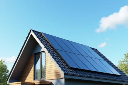Maison résidentielle moderne équipée de panneaux solaires sur le toit sous un ciel bleu ensoleillé