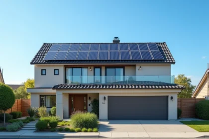 Maison moderne avec panneaux solaires photovoltaïques installés sur le toit par temps ensoleillé