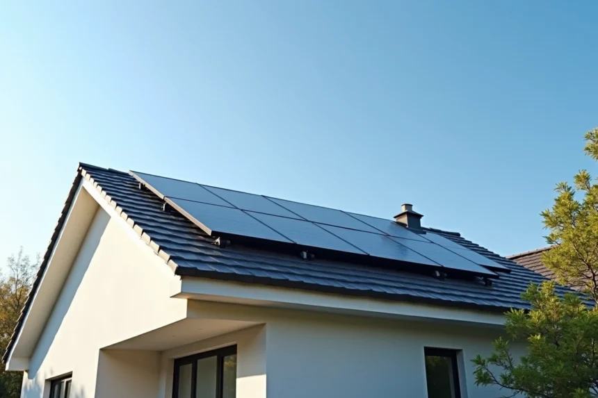 Panneaux solaires photovoltaïques installés sur le toit d'une maison moderne sous le soleil