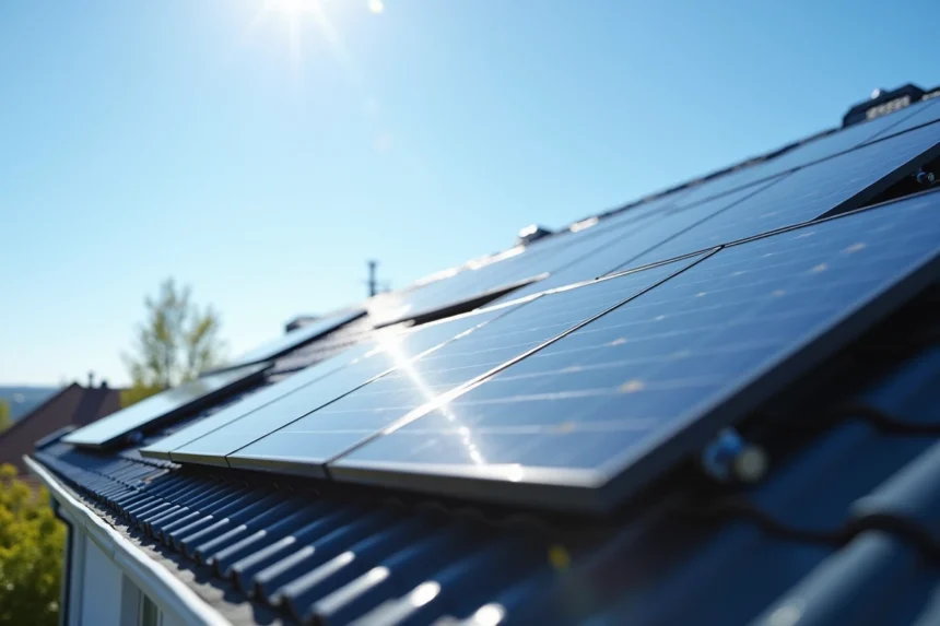 Panneaux solaires photovoltaïques installés sur le toit d'une maison moderne en journée ensoleillée