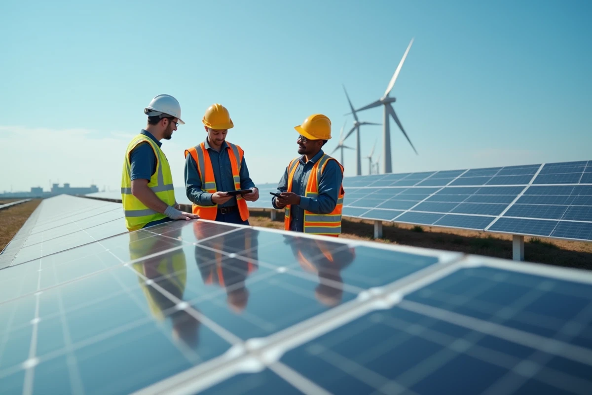 Techniciens professionnels effectuant la maintenance et l'inspection de panneaux solaires dans une centrale d'énergie renouvelable
