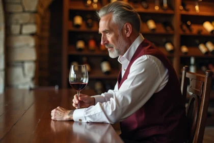 Sommelier expert examinant un verre de vin de Bordeaux dans une cave traditionnelle avec murs en pierre et bouteilles anciennes