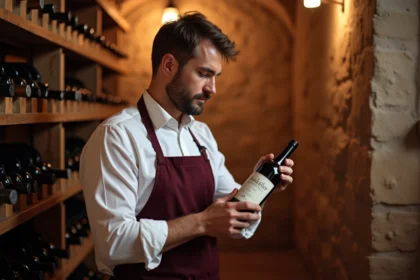 Sommelier examinant une bouteille de vin marocain dans une cave traditionnelle avec racks en bois