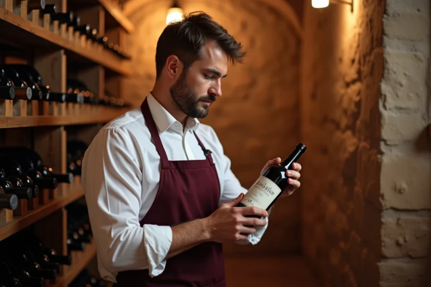 Sommelier examinant une bouteille de vin marocain dans une cave traditionnelle avec racks en bois