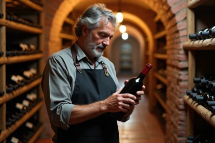 Sommelier expert examinant une bouteille de vin marocain en cave traditionnelle avec vue détaillée de l'étiquette et de la texture du verre