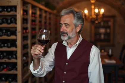 Un sommelier expérimenté déguste un verre de vin rouge dans une cave voûtée, illustrant l'expertise et la tradition des vins de Bordeaux