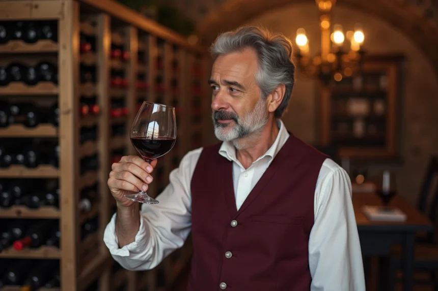 Un sommelier expérimenté déguste un verre de vin rouge dans une cave voûtée, illustrant l'expertise et la tradition des vins de Bordeaux