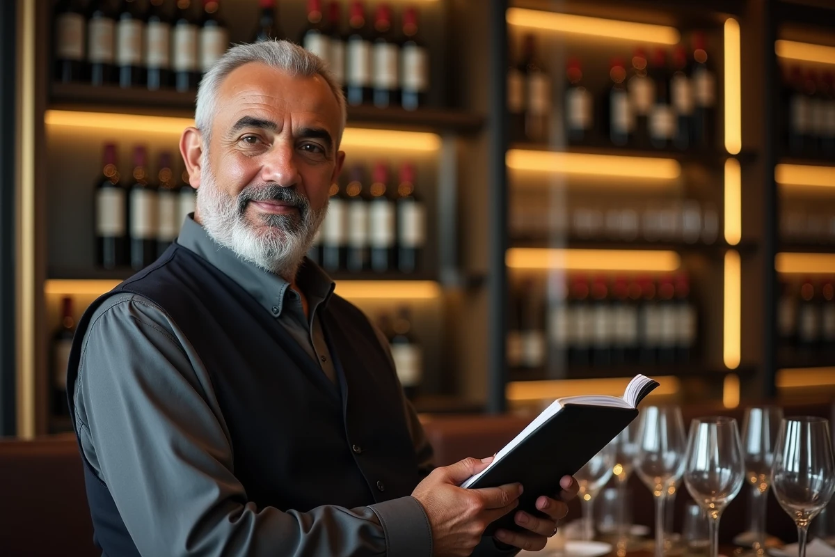Sommelier marocain expérimenté consultant un guide de sélection de vin dans une cave moderne avec rangements climatisés