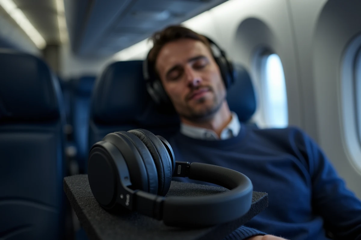 Casque Sony WH-1000XM5 porté par un voyageur dans un avion grâce à sa réduction de bruit active