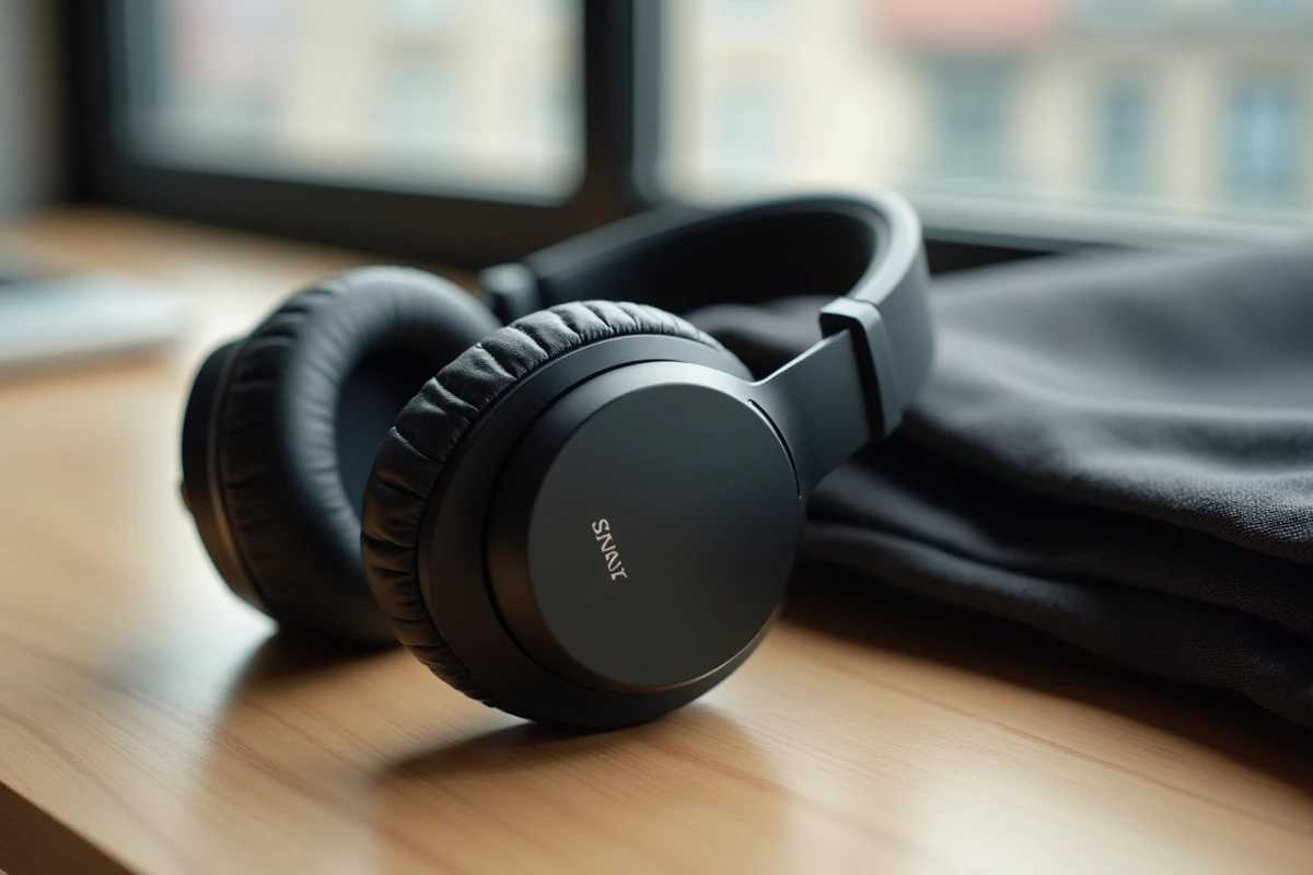 Casque Sony WH-1000XM6 noir mat posé sur une surface en bois clair avec étui de transport