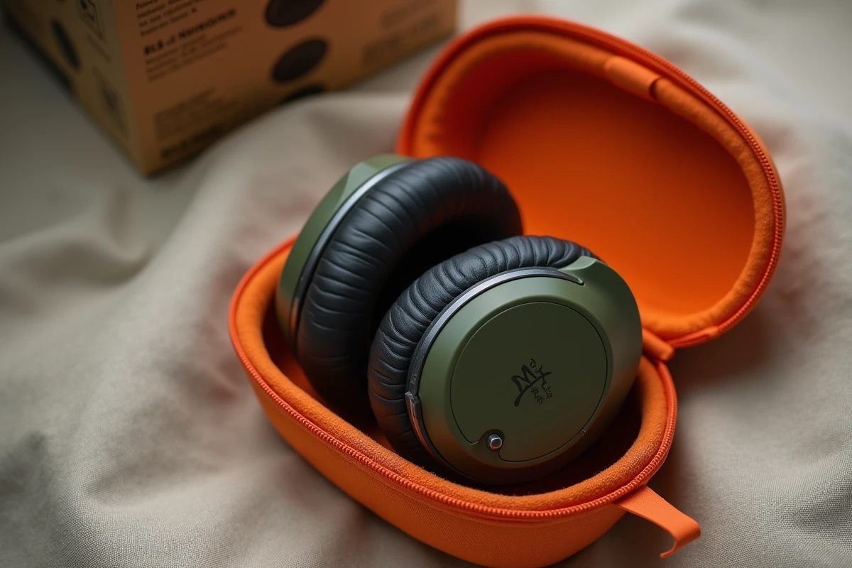 Casque Soundcore Space One Pro vert olive dans son étui orange ouvert posé sur du lin naturel