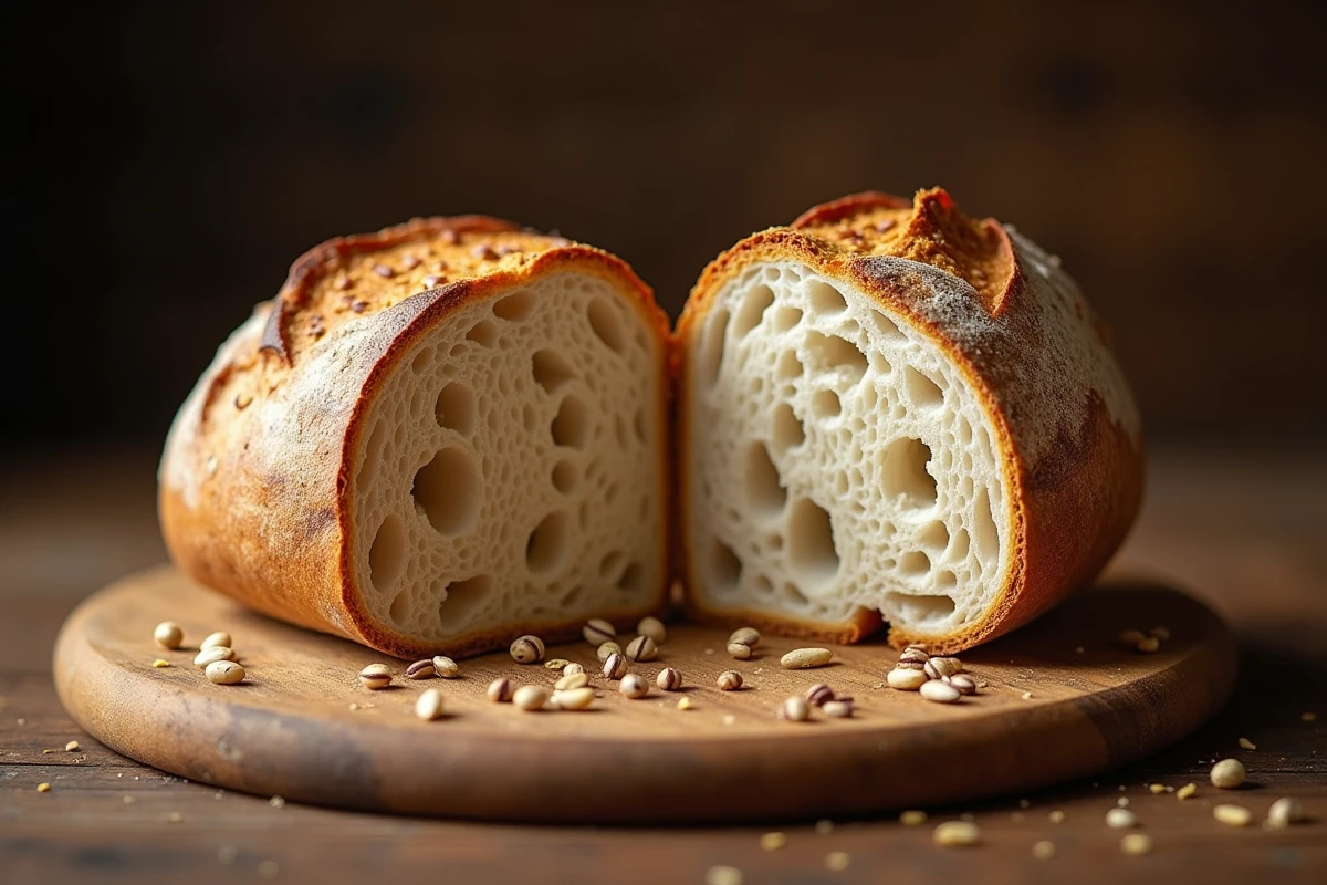 Coupe transversale de pain au levain montrant la mie alvéolée