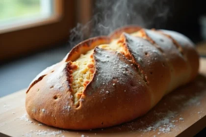 Pain au levain frais sorti du four avec croûte dorée et farine