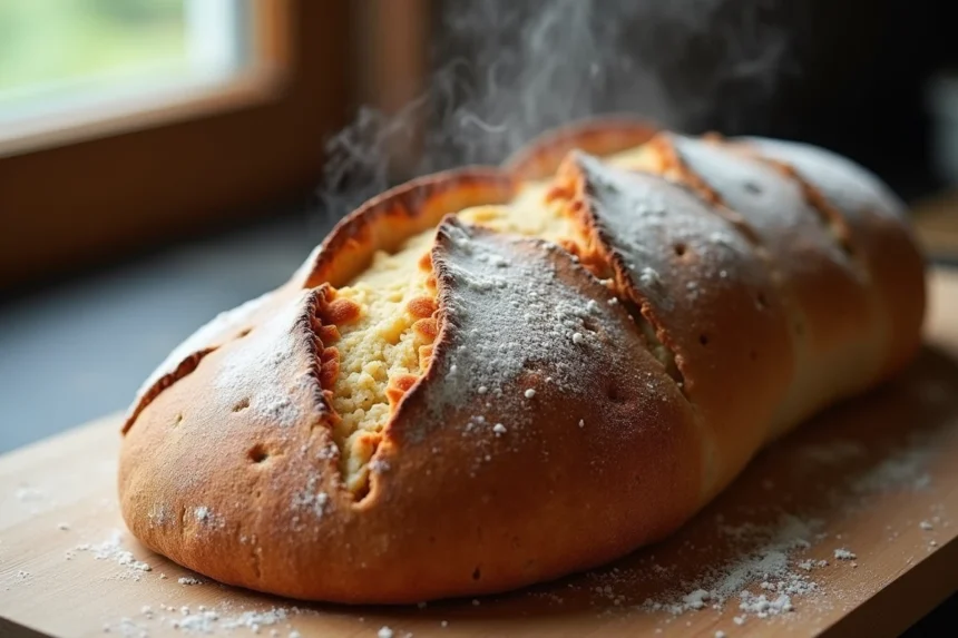 Pain au levain frais sorti du four avec croûte dorée et farine