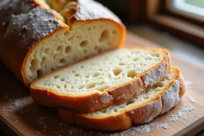 Pain au levain artisanal fait maison avec croûte dorée et mie alvéolée
