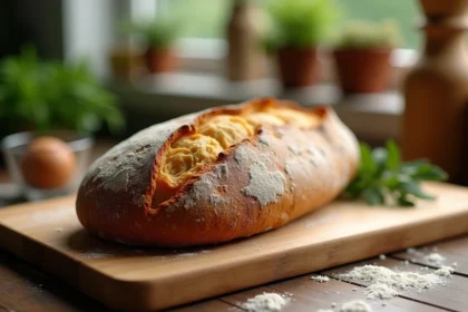 pain au levain artisanal avec croûte dorée croustillante sur planche de bois