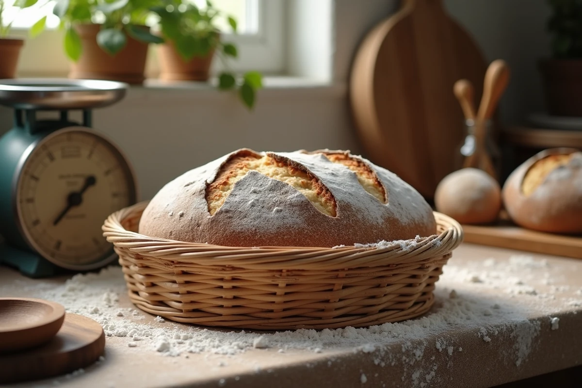 Pâte de levain en banneton prête à la cuisson dans une cuisine rustique