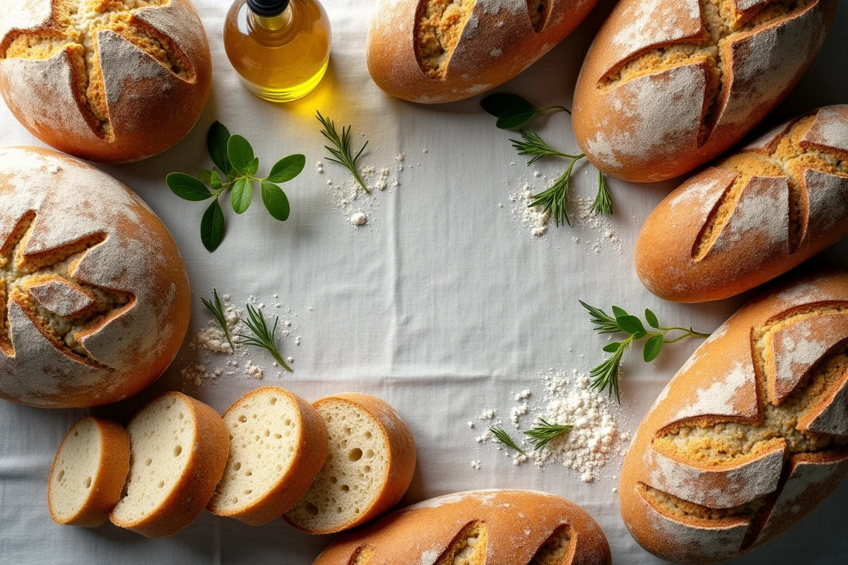 Plateau de différentes recettes de pain au levain maison avec ingrédients