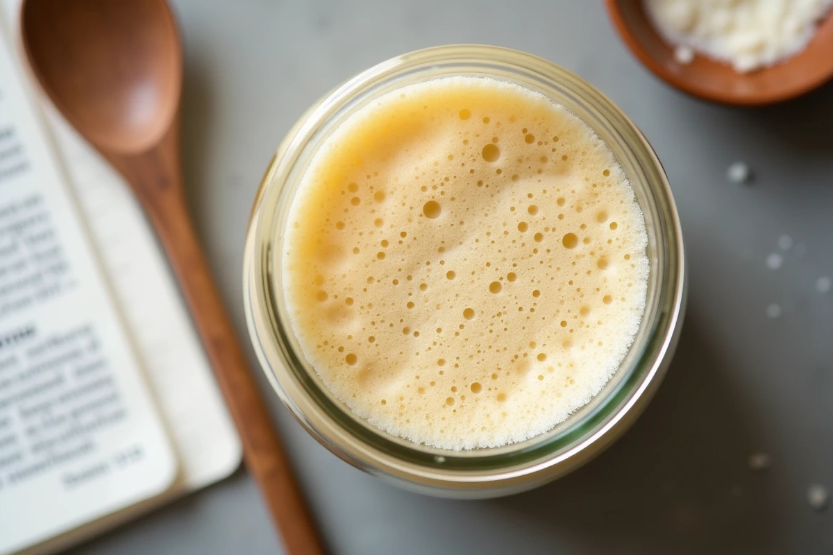 levain actif et fermenté dans un bocal en verre avec cuillère en bois