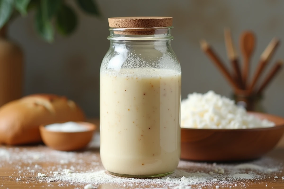 Bocal de levain actif avec bulles de fermentation pour pain maison