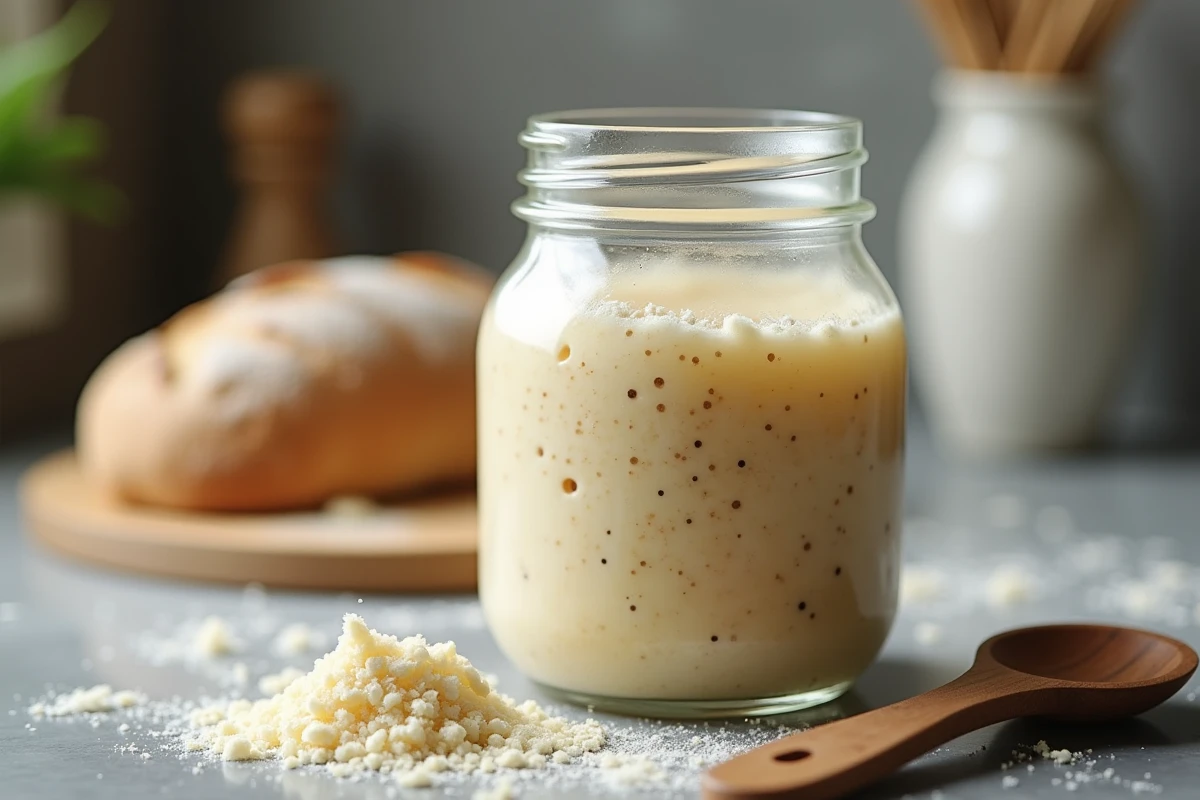 Bocal de levain vivant actif avec fermentation visible