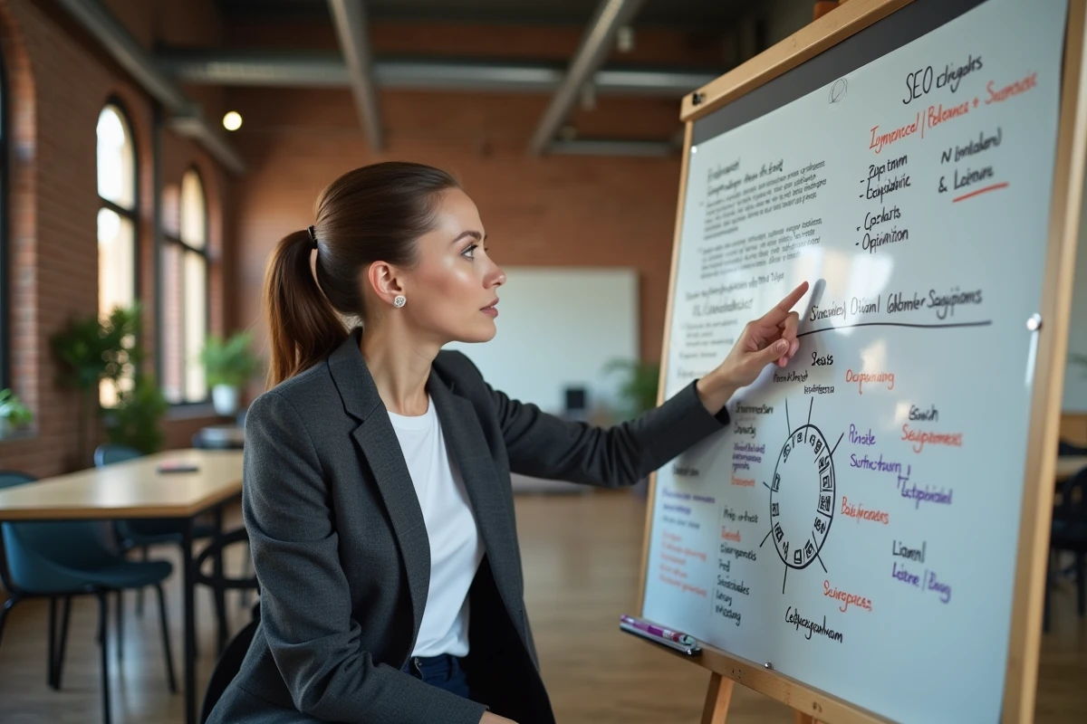 Spécialiste SEO femme présentant une stratégie digitale sur tableau blanc en agence Rennes