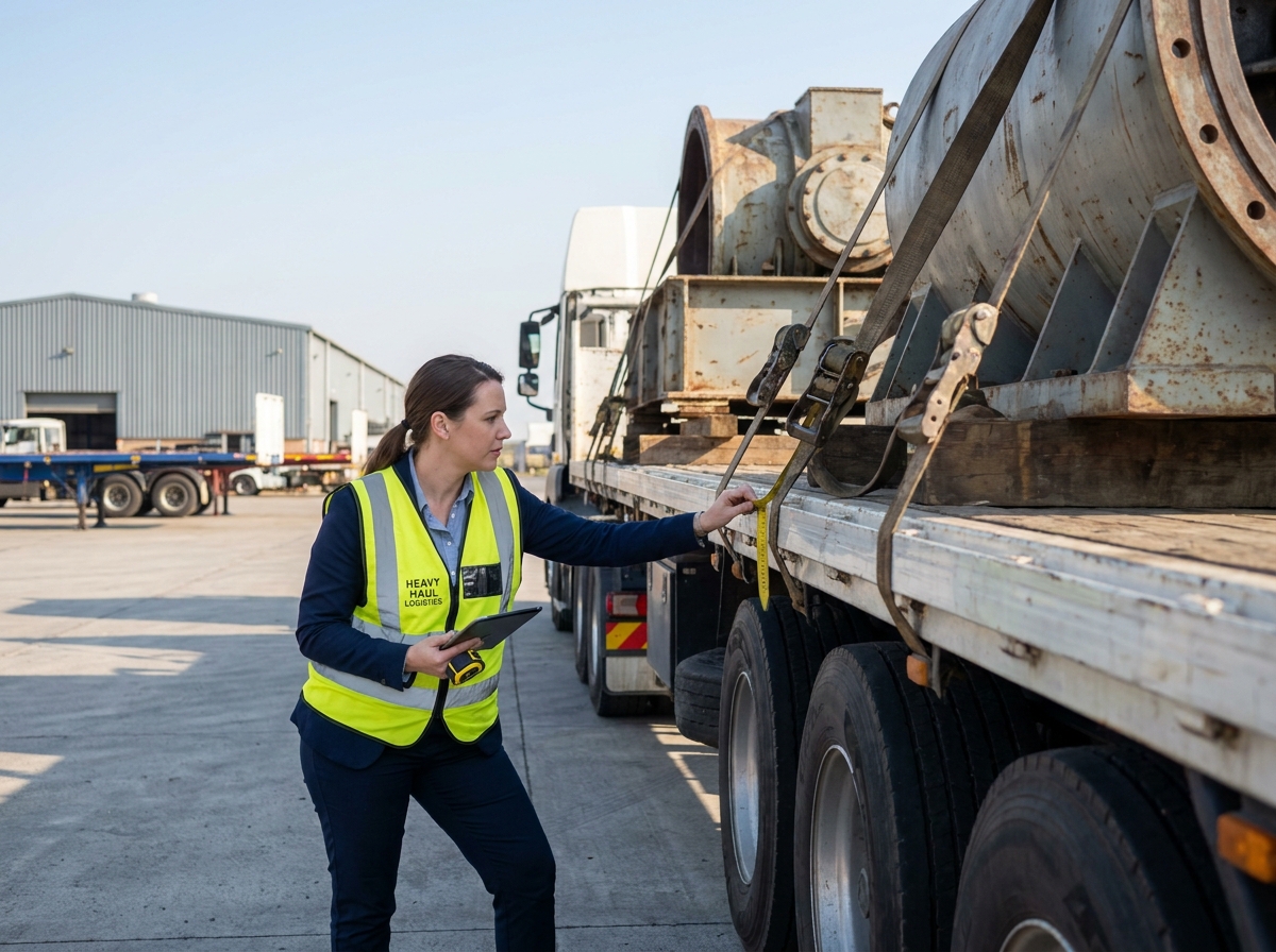 Spécialiste du transport exceptionnel inspectant un camion plateau surcharge avec machinerie industrielle