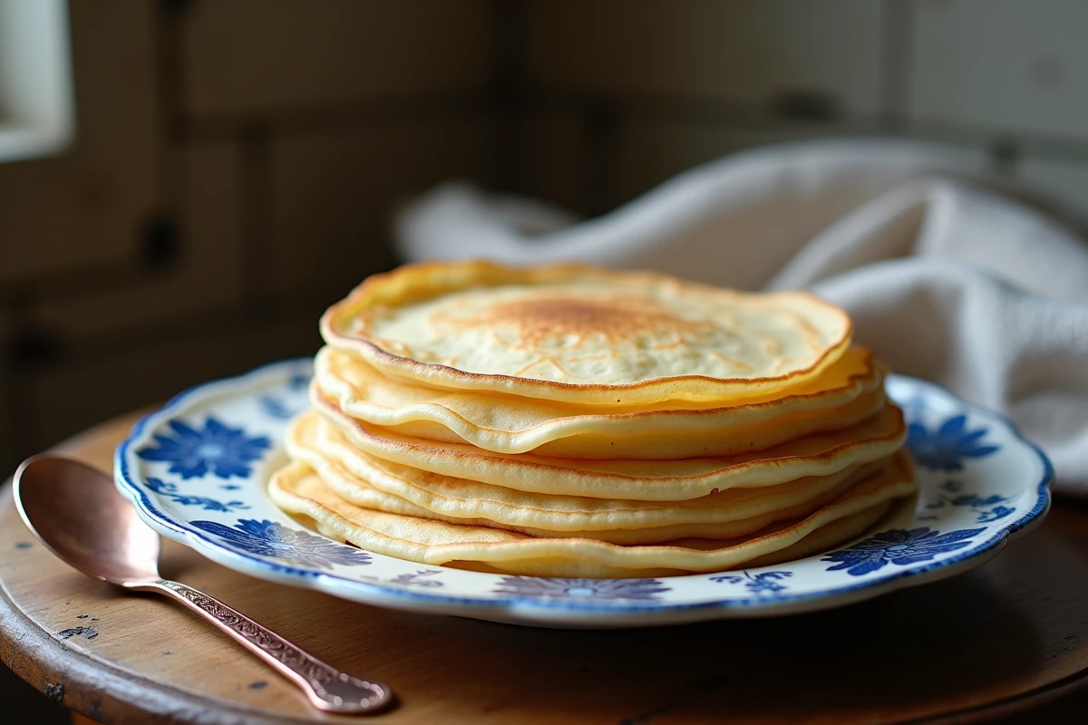 Stack de crêpes bretonnes fraîches sur assiette en porcelaine blanche avec motifs bleus bretons traditionnels