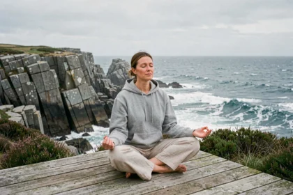 Femme en méditation sur un ponton en bois face aux côtes rocheuses de Bretagne lors d'un stage de méditation