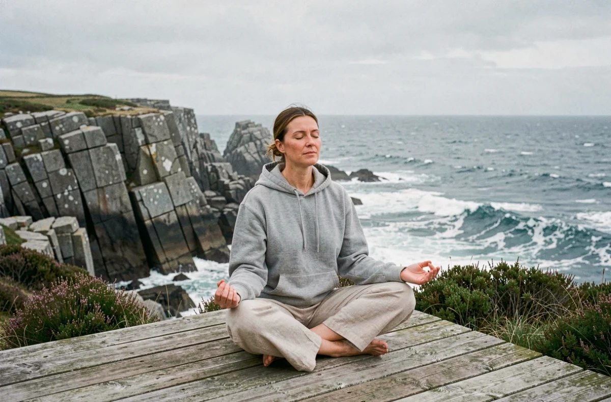 Femme en méditation sur un ponton en bois face aux côtes rocheuses de Bretagne lors d'un stage de méditation