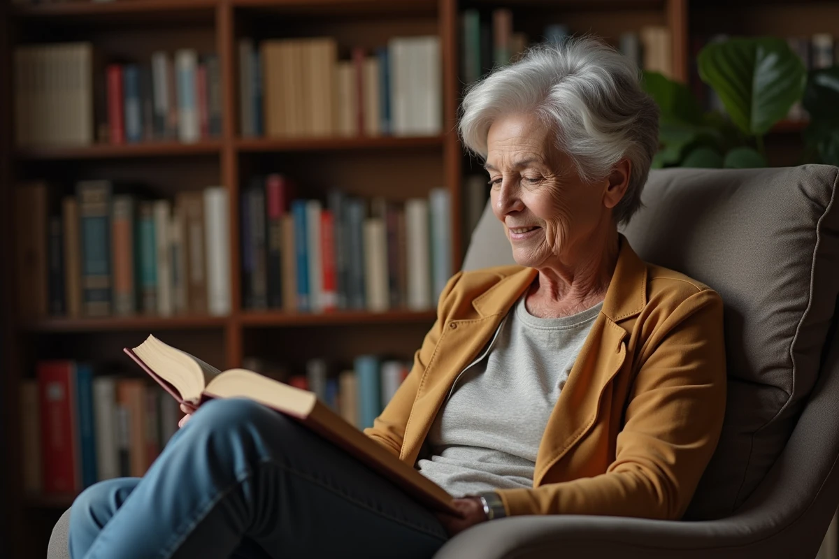 Femme mature lisant confortablement chez elle entourée de livres pour stimuler son esprit