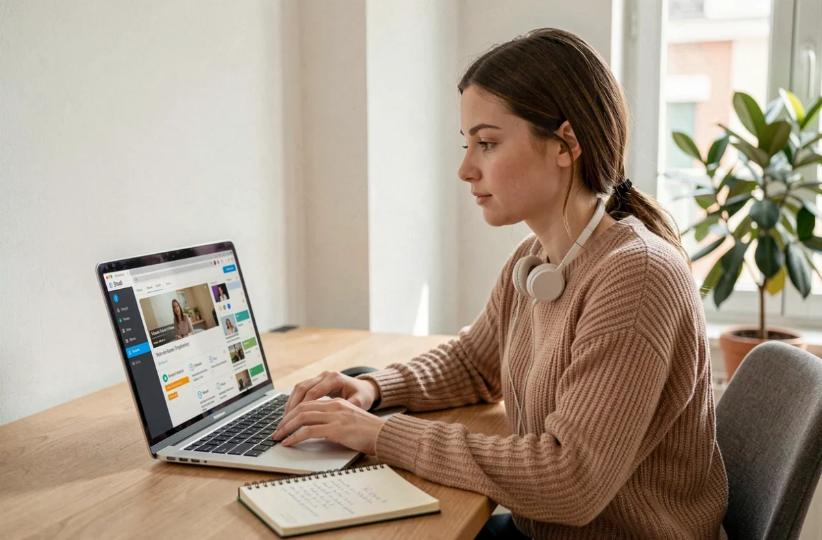 Jeune femme suivant une formation en ligne sur la plateforme Studi depuis son domicile à Toulouse