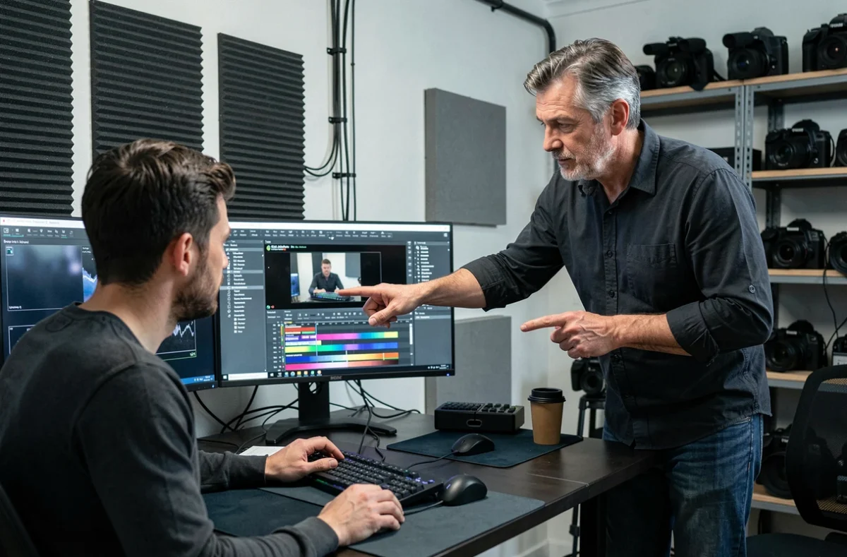 Directeur et monteur vidéo en studio de production professionnelle travaillant sur un projet en Centre-Val de Loire