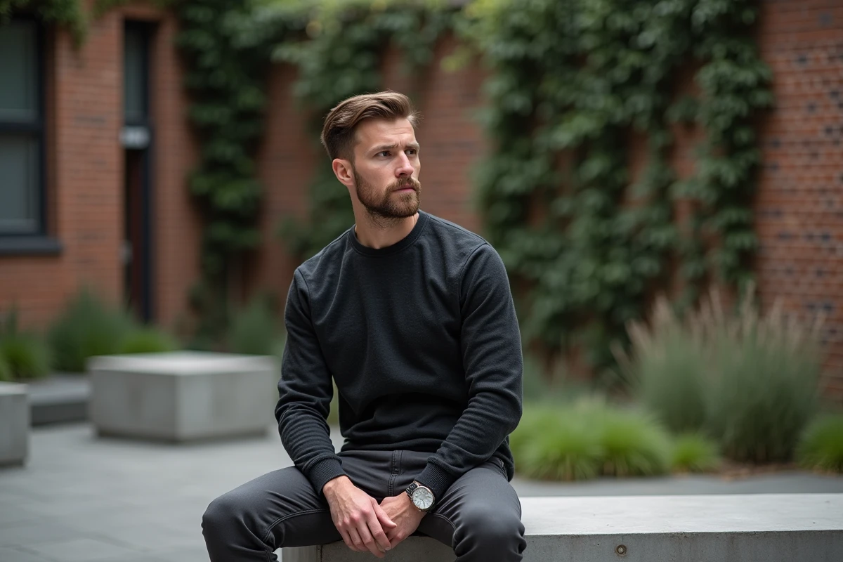 homme en tenue basique épurée avec pull noir et chemise grise, ambiance urbaine contemporaine