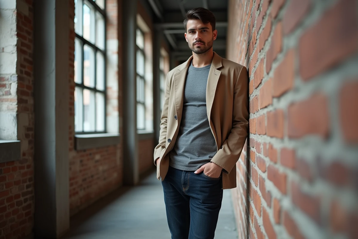 Homme en tenue casual décontractée avec t-shirt gris et chemise beige sur un mur de briques urbain