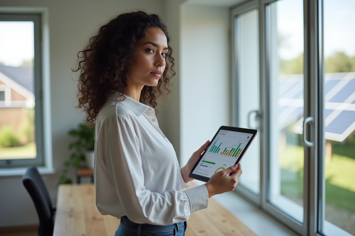 Femme consultant des statistiques d'énergie solaire sur tablette numérique dans un bureau moderne avec vue sur panneaux photovoltaïques