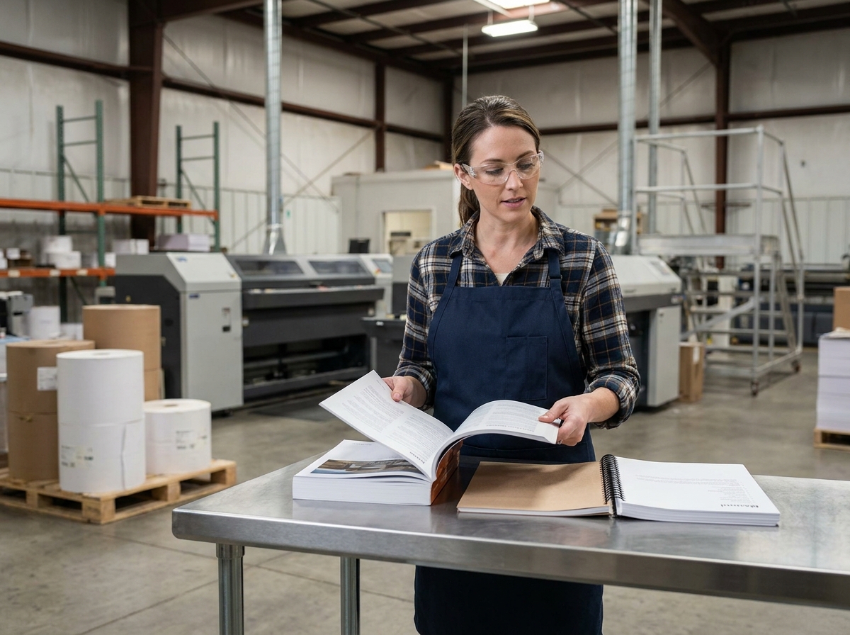 Superviseur d'imprimerie présentant différentes solutions de reliure pour catalogues produits en environnement industriel