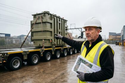 Superviseur logistique en gilet de sécurité examenant la documentation d'un transport exceptionnel de transformateur industriel sur remorque surbaissée