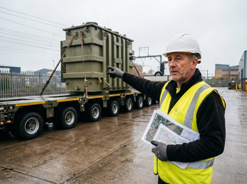 Superviseur logistique en gilet de sécurité examenant la documentation d'un transport exceptionnel de transformateur industriel sur remorque surbaissée