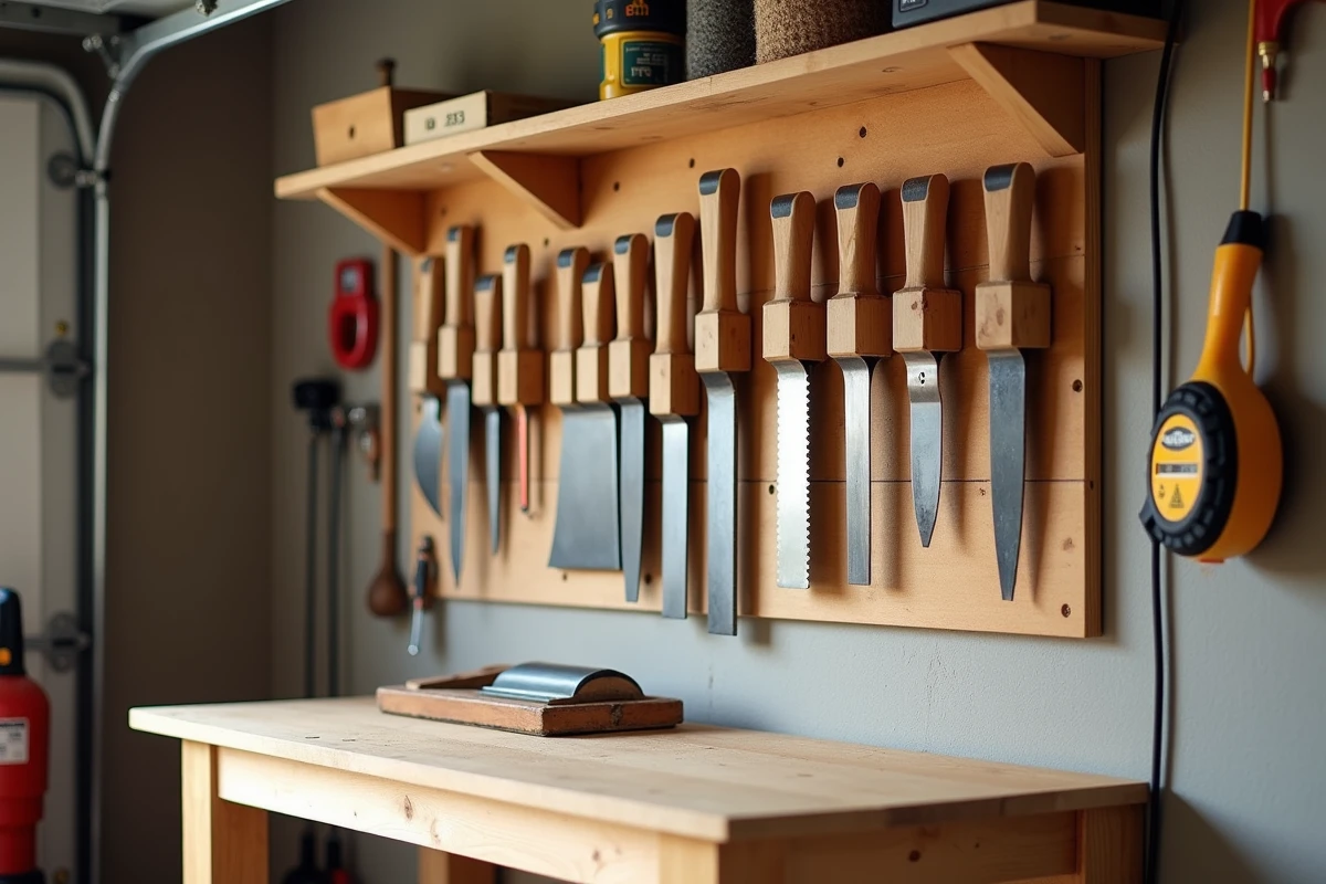 Système de classement des outils sur rail français en bois dans un atelier de garage, avec outils organisés par taille et fréquence d'utilisation