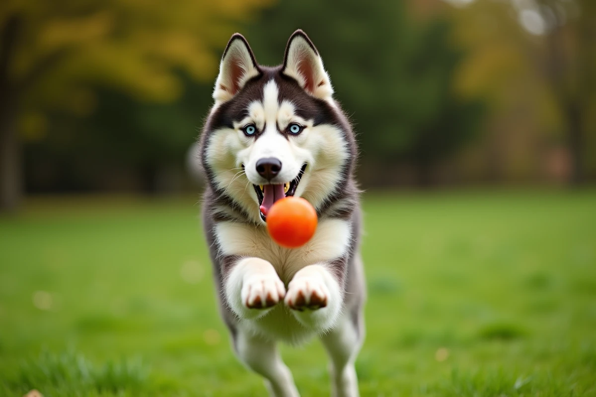 Un husky énergique et en pleine santé joue dans un parc verdoyant illustrant un système immunitaire fort