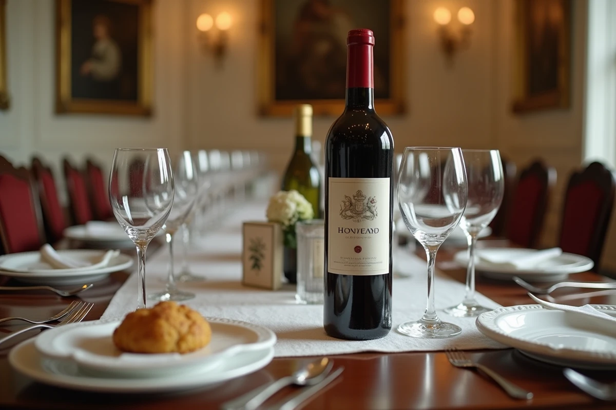 Table de restaurant élégante avec une bouteille de Bordeaux prestigieuse et verres cristal, symbolisant la fiabilité du vin comme valeur sûre
