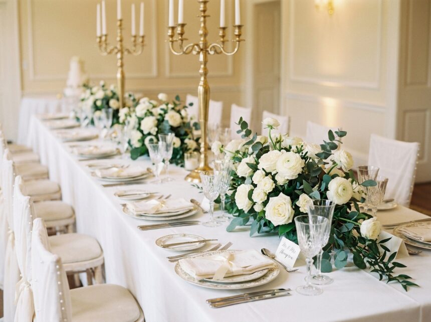 table de mariage élégante avec nappe blanche, bougies dorées et centre de table en roses blanches et eucalyptus